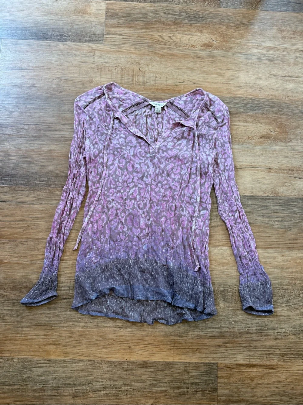 Lucky Brand Fairycore Pink Sheer Ombre Floral Long Sleeve V-Neck Top